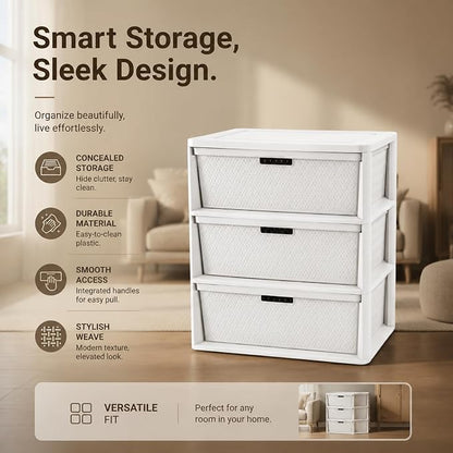 Plastic 3-Drawer Storage Tower, Decorative Cross-Weave Organizer - Image 4