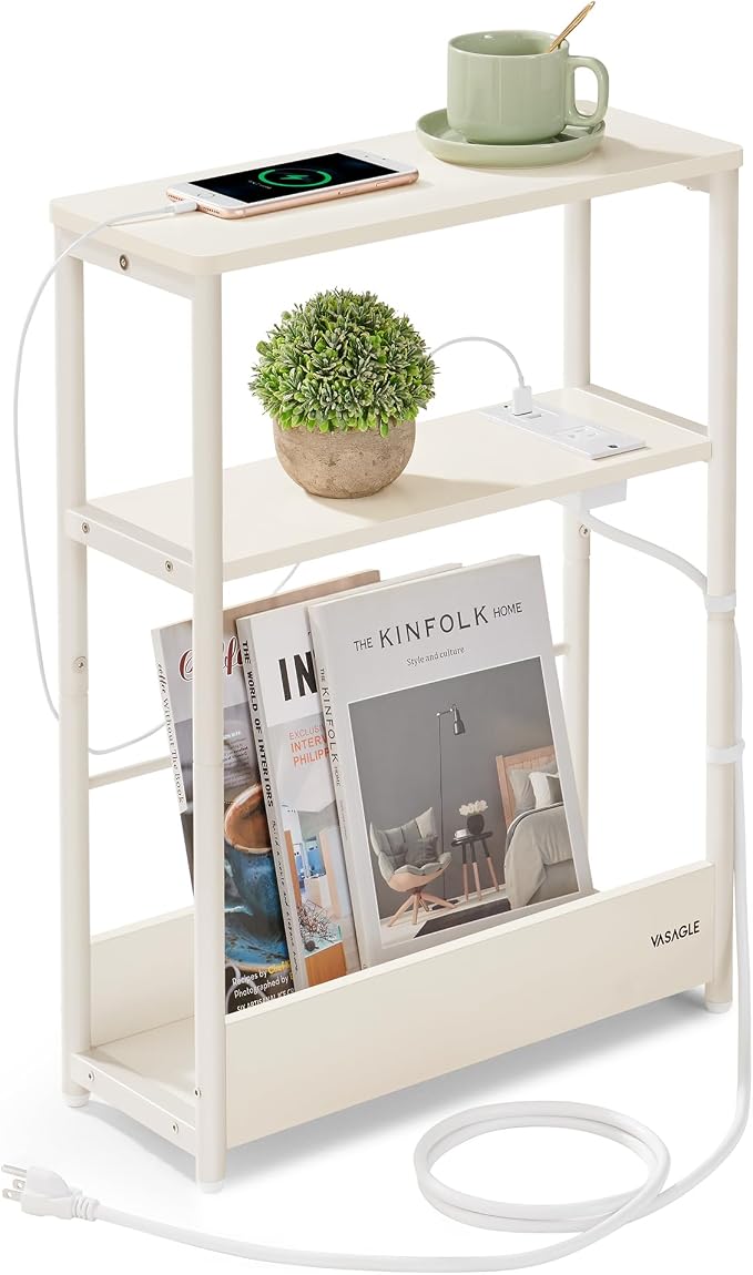 VASAGLE Side Table with Charging Station, Narrow End Table, 3-Tier Nightstand by VASAGLEbySONGMICSHOME