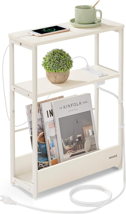 VASAGLE Side Table with Charging Station, Narrow End Table, 3-Tier Nightstand by VASAGLEbySONGMICSHOME