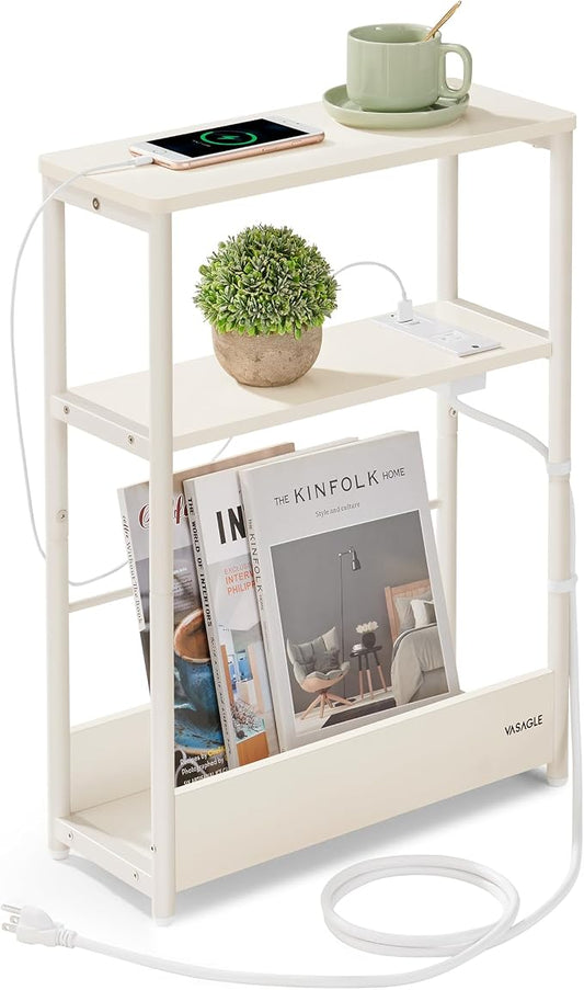 VASAGLE Side Table with Charging Station, Narrow End Table, 3-Tier Nightstand by VASAGLEbySONGMICSHOME