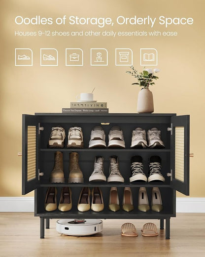 VASAGLE Natural Rattan 3-Tier Shoe Cabinet, 16 Pair Shoe Storage Cabinet - Image 4