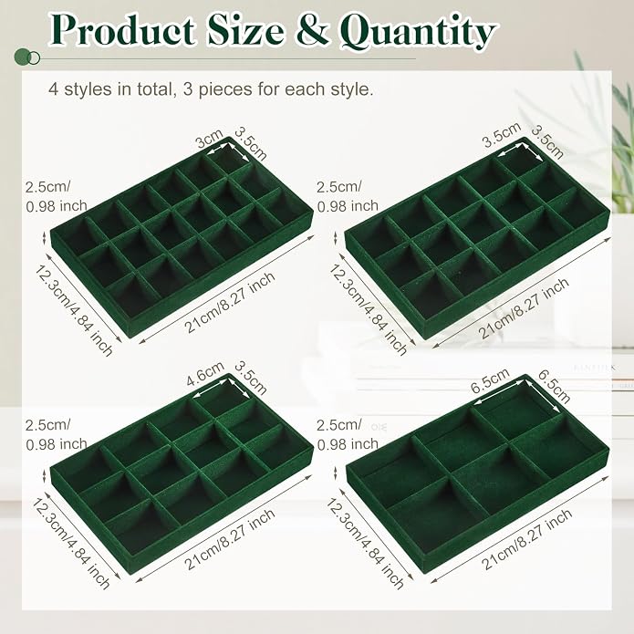 Junkin 12 Pcs Jewelry Tray Velvet Stackable Jewelry Organizer Trays Divided - Image 2