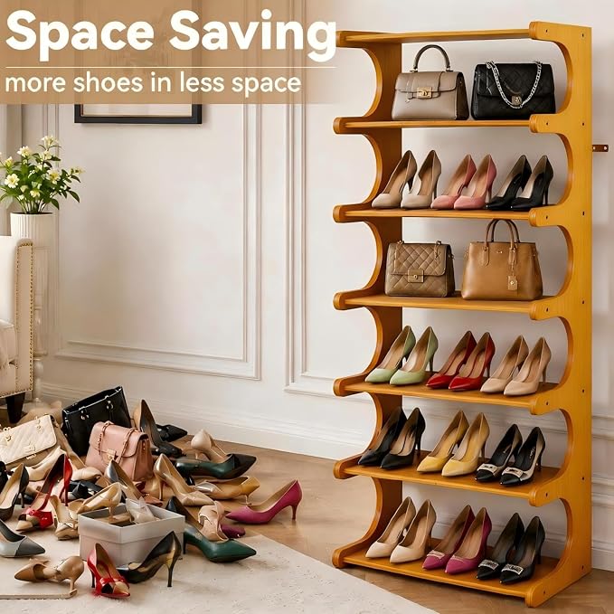 7-Tier 41" Tall Wooden Vertical Shoe Rack, E-Shaped Multi-Layer Solid Wood - Image 4