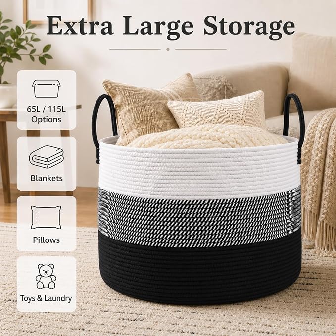 JMvicyroam 115L Extra Large Machine Washable Cotton Rope Blanket Basket | - Image 2