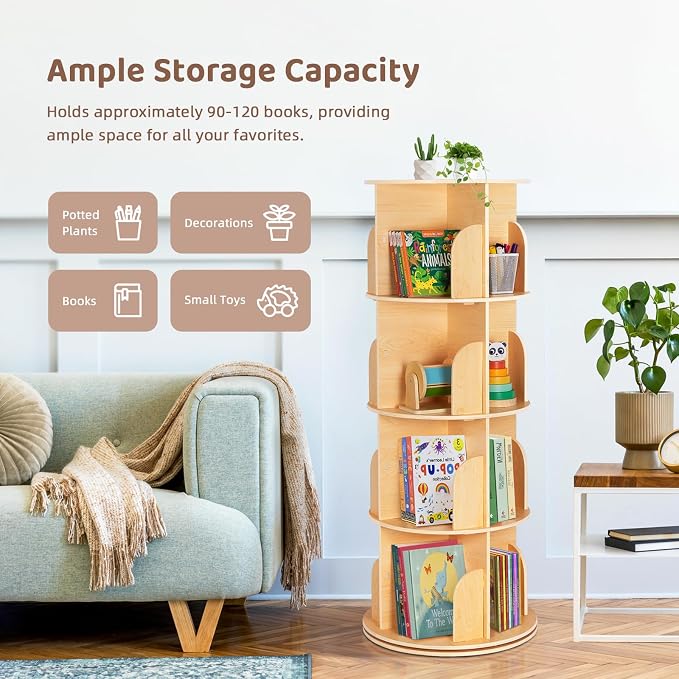 OOOK 4-Tier Rotating Bookshelf Tower, 360°Display Wooden Spinning Bookcase | - Image 5