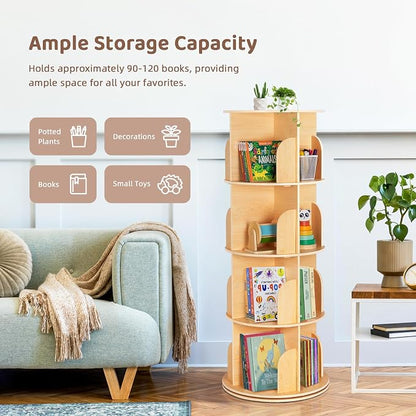 OOOK 4-Tier Rotating Bookshelf Tower, 360°Display Wooden Spinning Bookcase | - Image 5