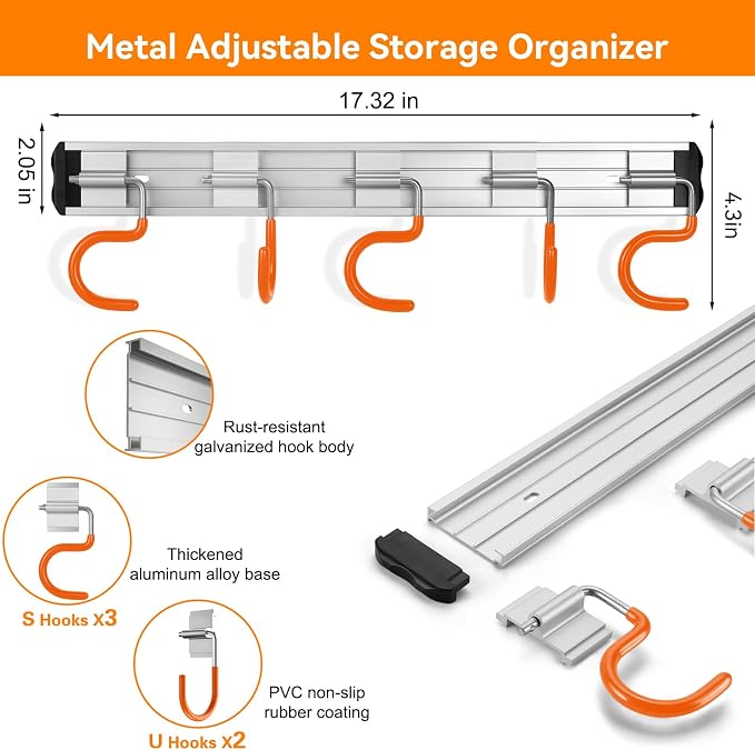 69'' Aluminum Alloy Garden Tool Organizer Wall Mount Garage Organizers and - Image 2