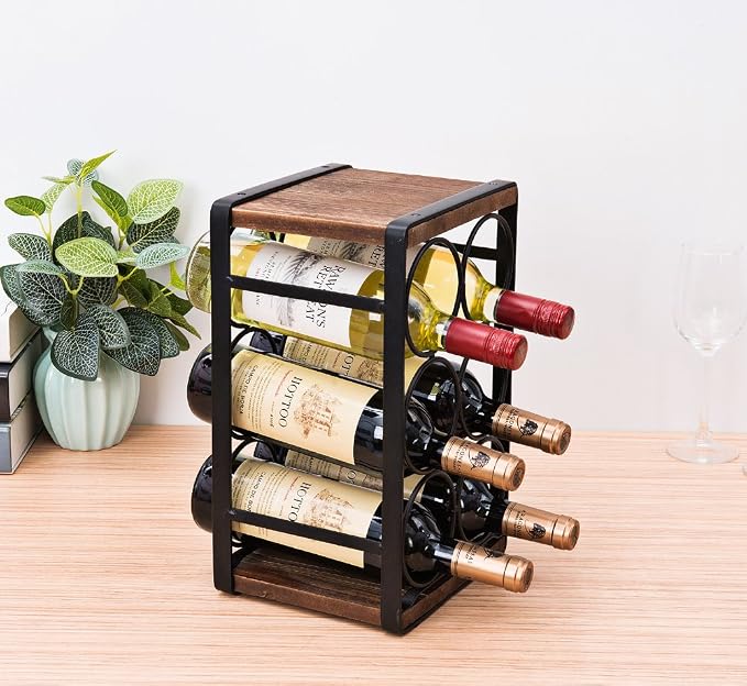Rustic Wood Countertop Wine Rack 6 Bottles No Need Assembly Brown - Image 3