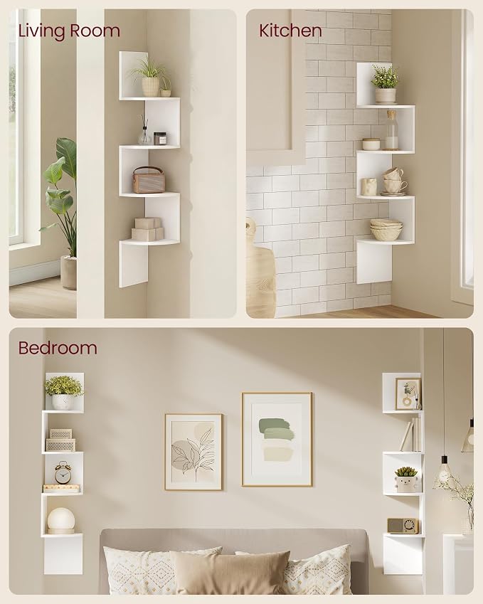 VASAGLE Corner Shelves Wall Mount, 4-Tier Floating Bookshelves, Cloud White - Image 4