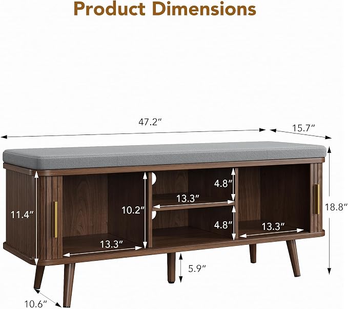 Decofy Shoe Storage Bench with Cushion and Sliding Doors, 47.2 Inch Shoe Bench - Image 2