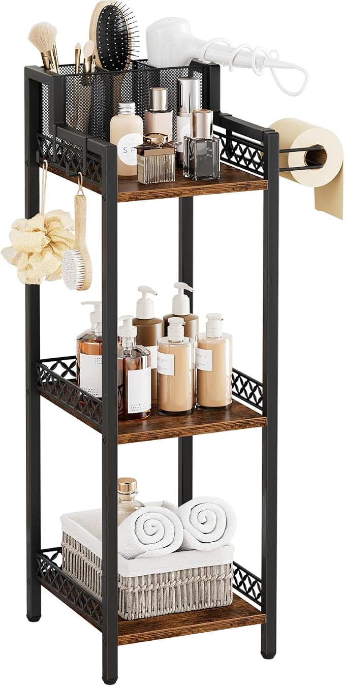 Bathroom Storage Shelf Hair Dryer Holder, 3-Tier Narrow Metal Standing Rack by HomeLivingStorageOrganizer