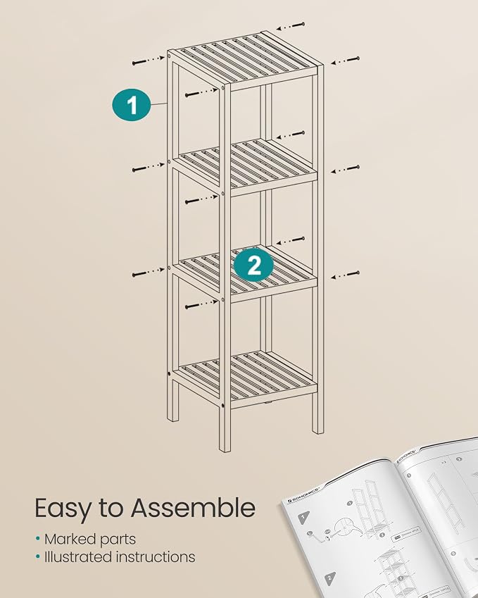 SONGMICS 4-Tier Bamboo Shelf, Narrow Bathroom Shelf, Standing Towel Rack - Image 7