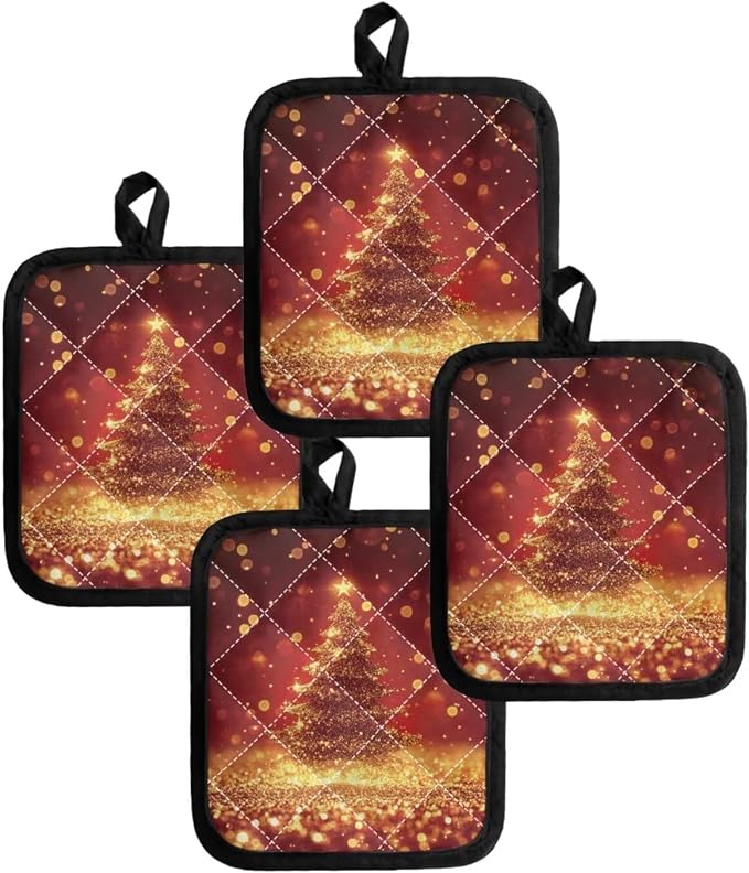 Christmas Gold Tree Dots Pattern Red Hot Pot Holders Set - Image 4