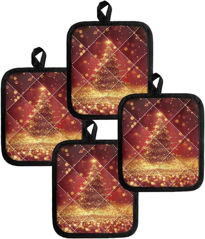 Christmas Gold Tree Dots Pattern Red Hot Pot Holders Set - Image 4