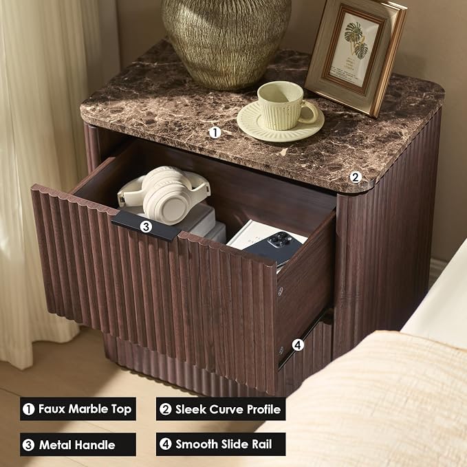 Fluted Nightstand with 2 Drawers, Bedside Table with Faux Marble-Top, - Image 4