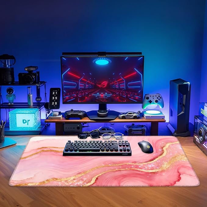 Pink and Gold Stripes Gaming Mouse Pad 35.4"x15.7"Desk Mat Anti-Slip Rubber - Image 9