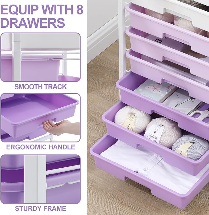 Rolling Cart with Drawers, Utility Cart With 8 Drawers and Wooden Tabletop - Image 3