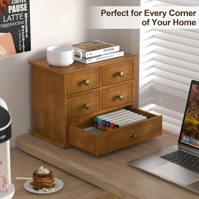 Oak Desk Organizer with Drawers, Durable Wooden Desktop Storage Box | 5 Drawer - Image 4