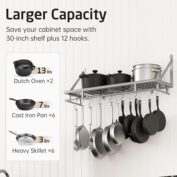 KES 30-Inch Silver Gray Pot Rack, Wall Mounted Hanging Pot and Pan Organizer - Image 2