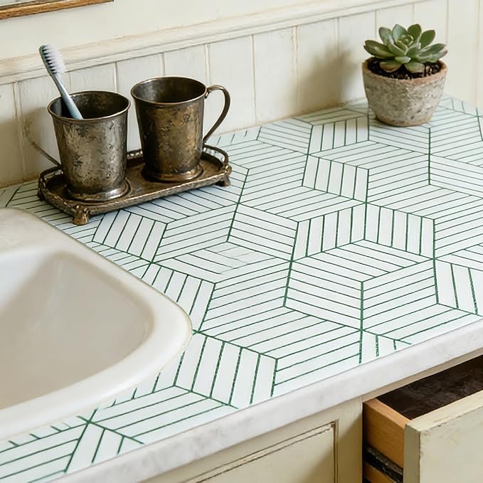 Green Geometric line Pattern Shelf Liners, Non-Adhesive and Anti-Slip Thickened - Image 2