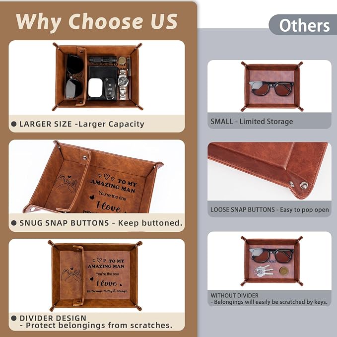 Gifts for Him, PU Leather Valet Tray and Keychain, Husband Birthday Gift Ideas - Image 3