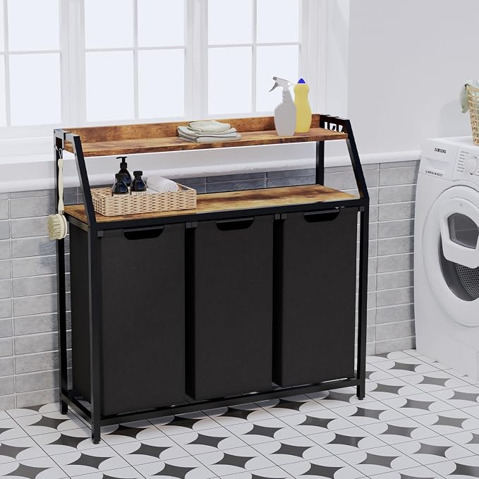 Laundry Hamper, Laundry Sorter 3 Section, Rolling Laundry Basket - Image 4
