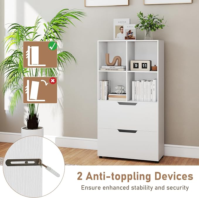 Giantex Bookcase with 2 Drawers, 51” Tall White Bookshelf w/4 Cubes, Anti-tip - Image 6