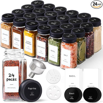 ComSaf Glass Spice Jars with Label, 93 Labels, a Metal Funnel, Extra Shaker Lids by ComSaf