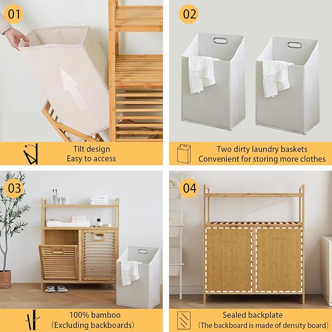 Double Tilt Out Laundry Hamper, Bamboo Hamper - Image 4