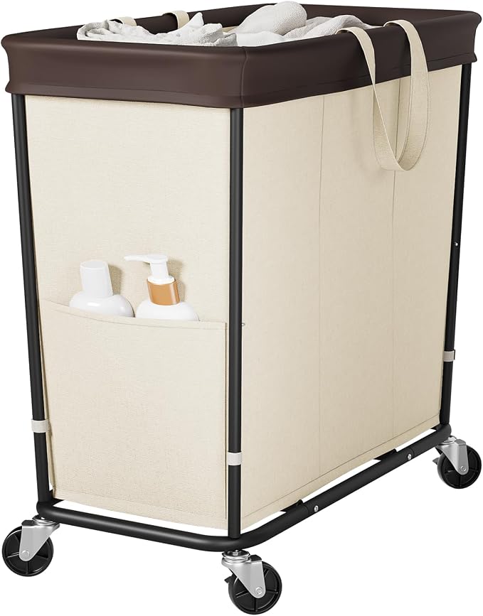 320L Laundry Basket with Wheels, 3-Section Rolling Hamper by Wawocs