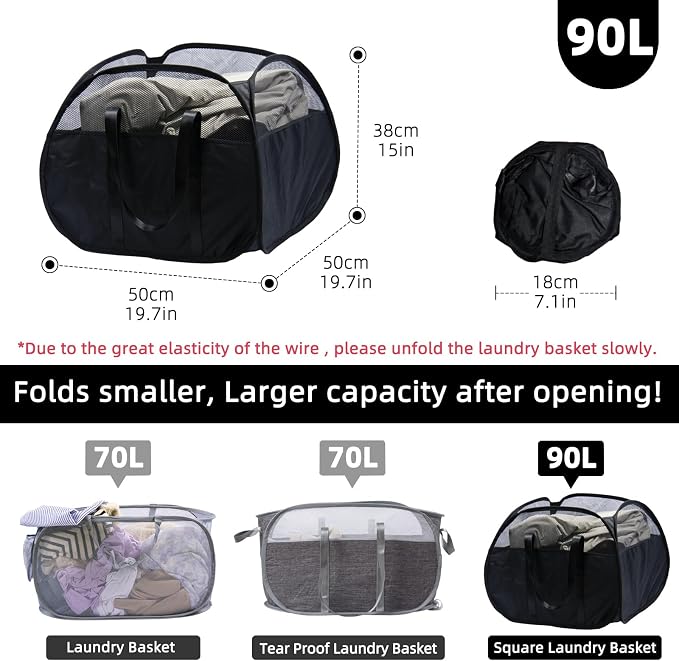 Collapsible Laundry Basket, 90L Tear Proof Mesh Pop-up Hamper 2PCS | Foldable - Image 2