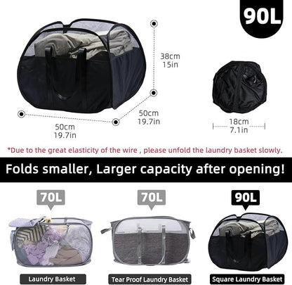Collapsible Laundry Basket, 90L Tear Proof Mesh Pop-up Hamper 2PCS | Foldable - Image 2