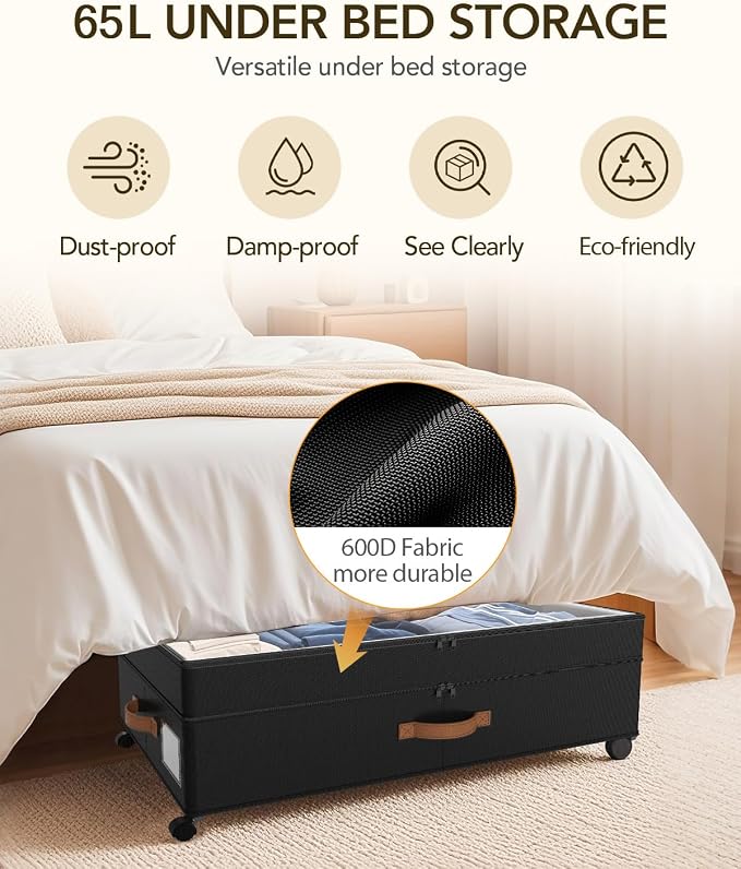 Under Bed Storage with Wheels, 10 inches Under Bed Storage Containers, 65L XXL - Image 4