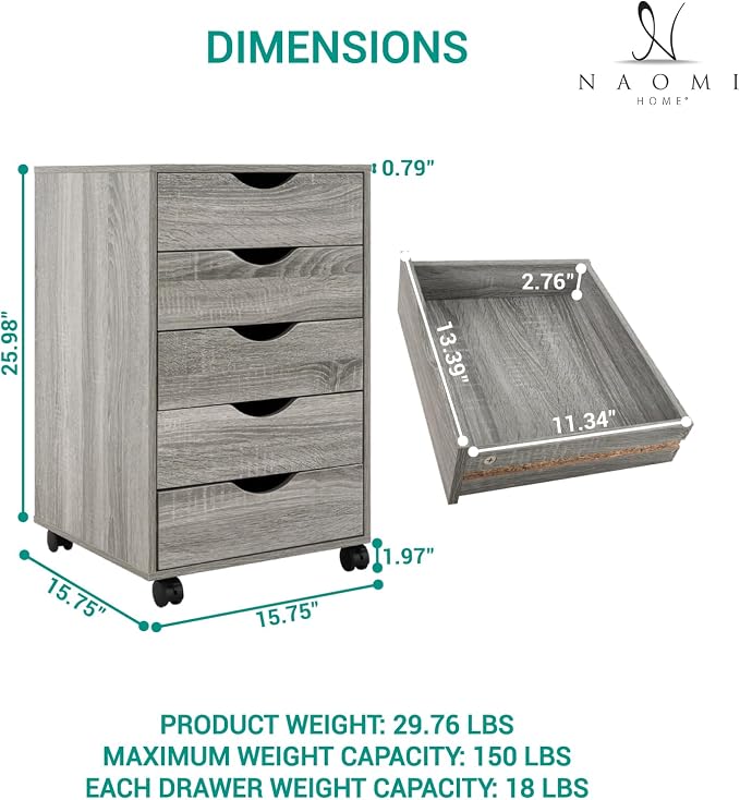 5-Drawer Rolling Storage Cart Organizer - Image 2