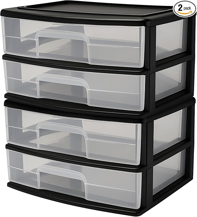 HOMZ 2-Pack Drawer Storage Cart, 2-Tier Wide Clear Plastic Organizer, and by Homz