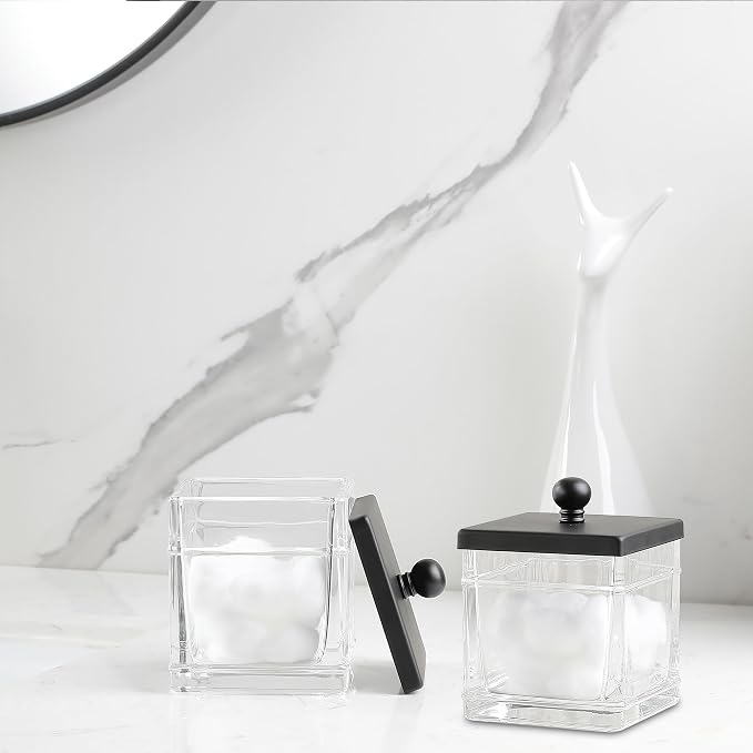 Glass Cotton Jar Holder 2 Pack– Matte Black Lid, Elegant Bathroom Storage - Image 7