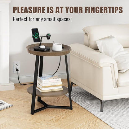 Gadroad Round End Table with Charging Station, USB Ports, Wood Tabletop & Black - Image 8