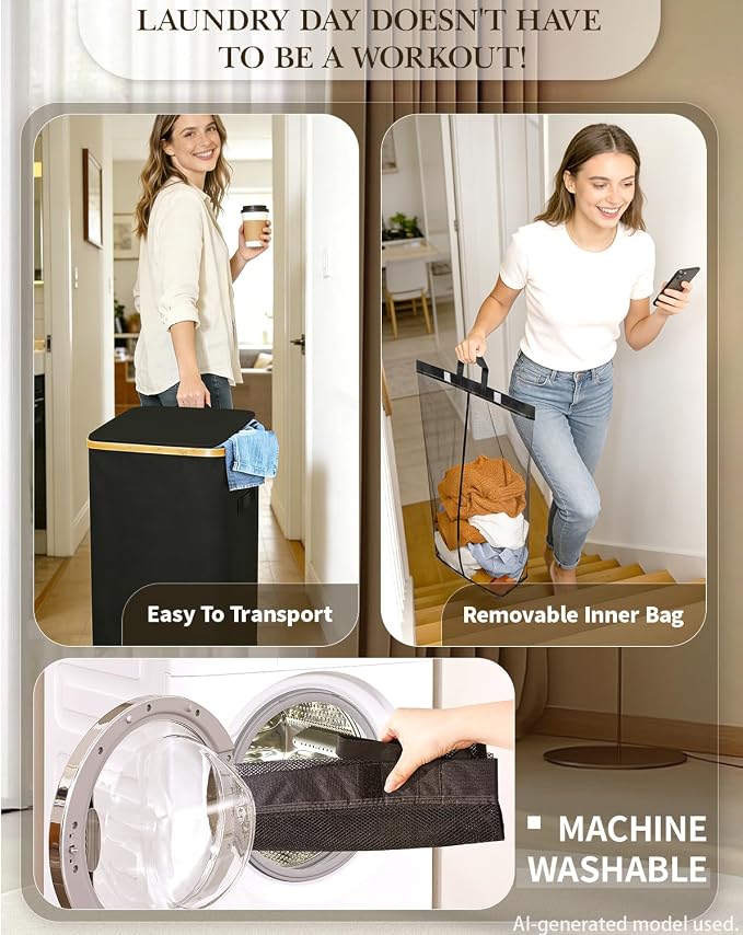 Laundry Hamper with Wheels, 110L Large Clothes Hamper with Removable Inner Bag - Image 4