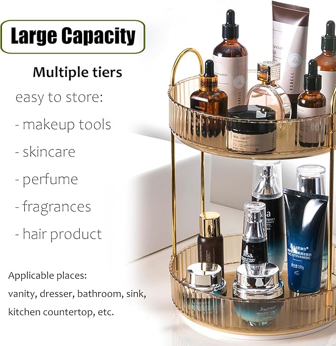 Rotating Makeup Organizer Countertop 2 Tier Lazy Susan Trays Clear Skincare - Image 3