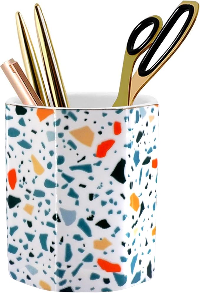 Pen Holder, Makeup Brush Holder Ceramic Shiny Gold Terrazzo Marble Stone - Image 3
