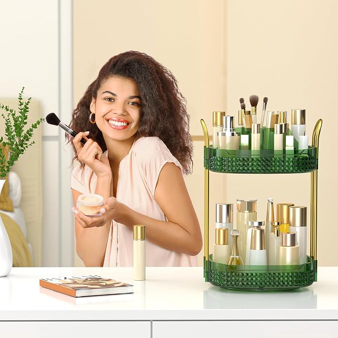 360° Rotating Makeup Organizer 2 Tier, Large Skincare Clear Make Up Storage - Image 3