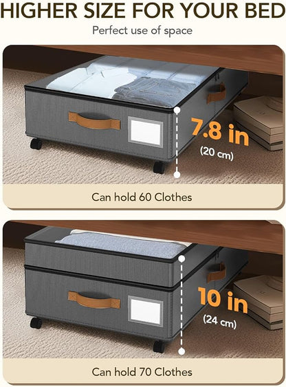 4 Pack Under Bed Storage with Wheels, Adjustable Height Storage Containers - Image 3