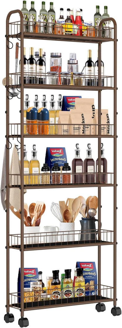 6-Tier Slim Storage Cart with Wheels, 6in Narrow Rolling Shelf, Sturdy Slim by RUOZTEOO