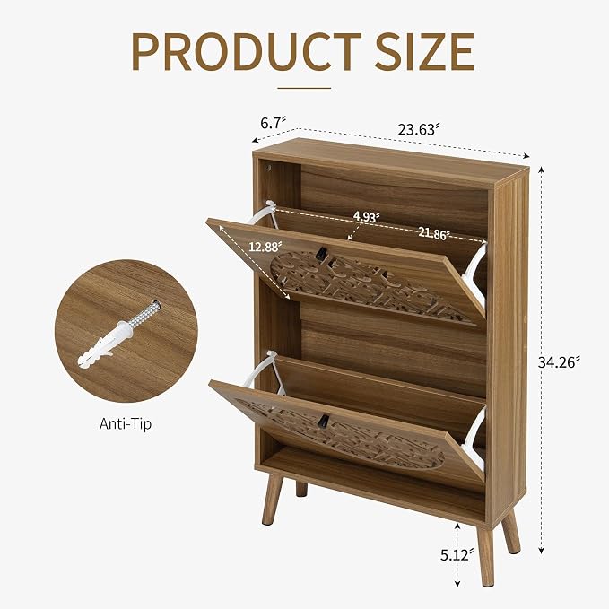 6.7"Ultra-Slim Concealed Shoe Storage Cabinet 2 Flip Drawers Walnut | - Image 2