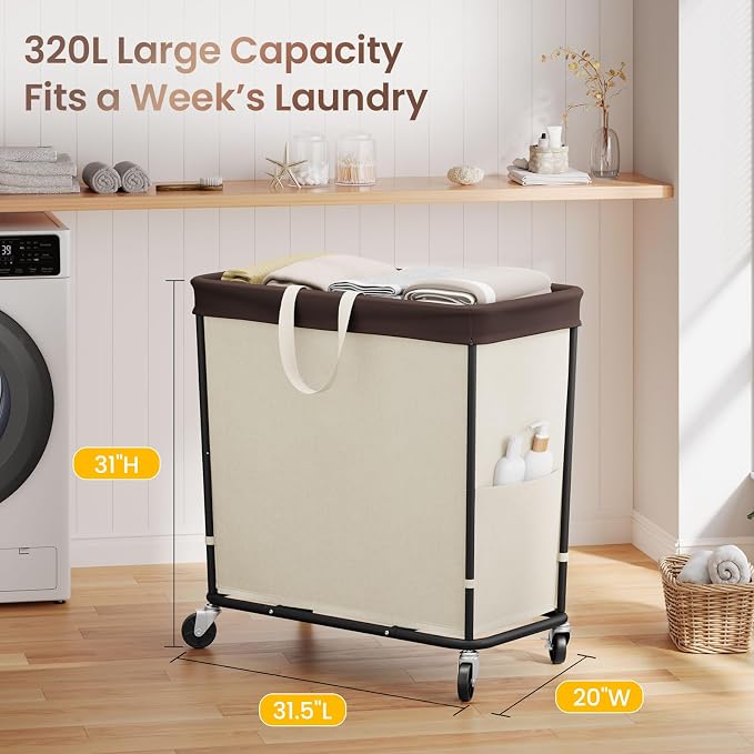 320L Laundry Basket with Wheels, 3-Section Rolling Hamper - Image 2