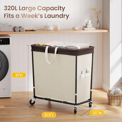 320L Laundry Basket with Wheels, 3-Section Rolling Hamper - Image 2