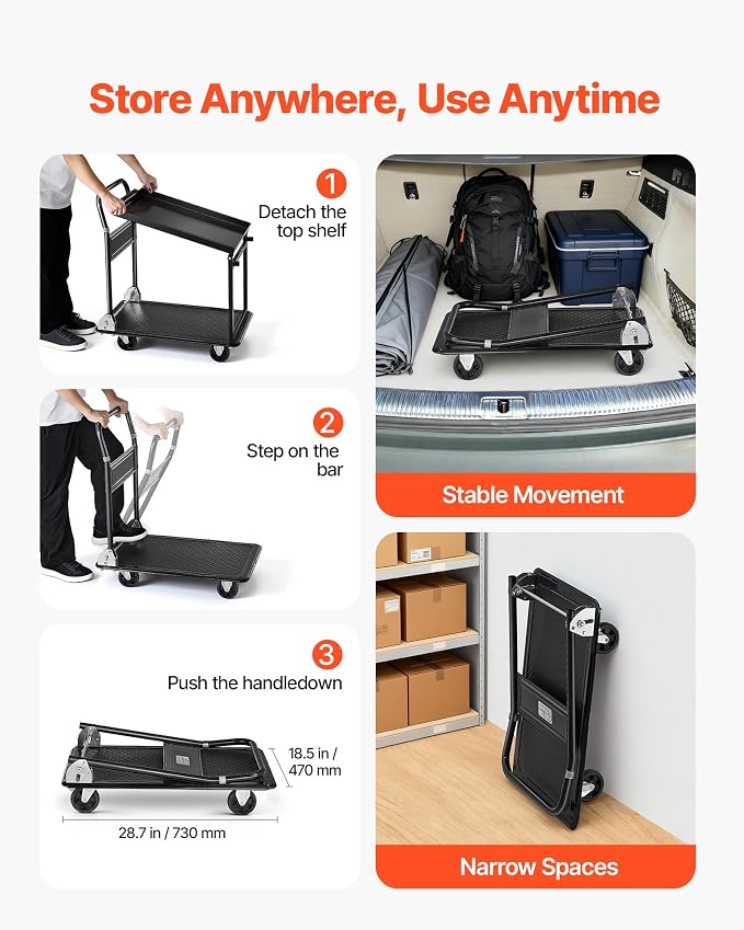 VEVOR Heavy Duty 2 Tier Platform Hand Truck, 700 lbs 2 Tier Push Tool Cart - Image 4