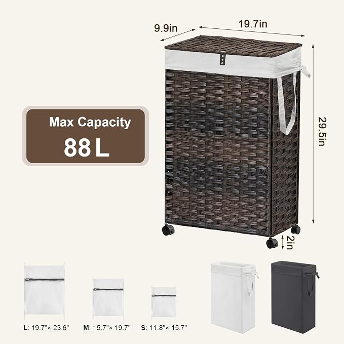 88L Slim Laundry Hamper with Wheels, 23.3 Gallon Rolling Laundry Basket with Lid - Image 4