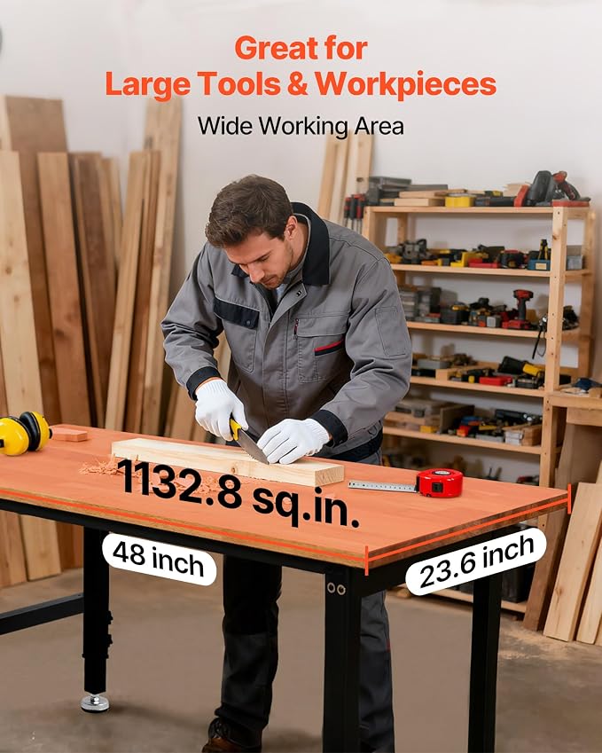 VEVOR Adjustable Workbench, 1500 lbs Capacity, 48 x 24 Inch Oak Wood Top - Image 6