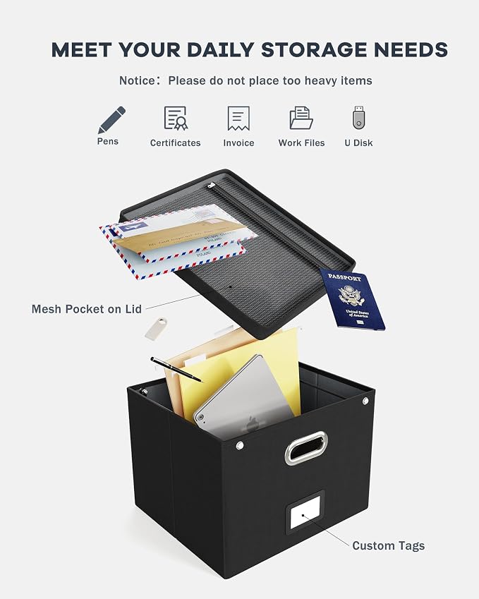 File Organizer Box with Lid, Large Hanging Filing Box with Mesh Pocket - Image 4